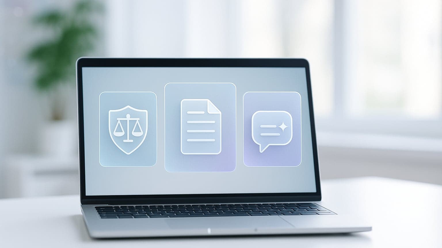 Glass cards with balanced scales on a shield, a document and a chat bubble above a laptop