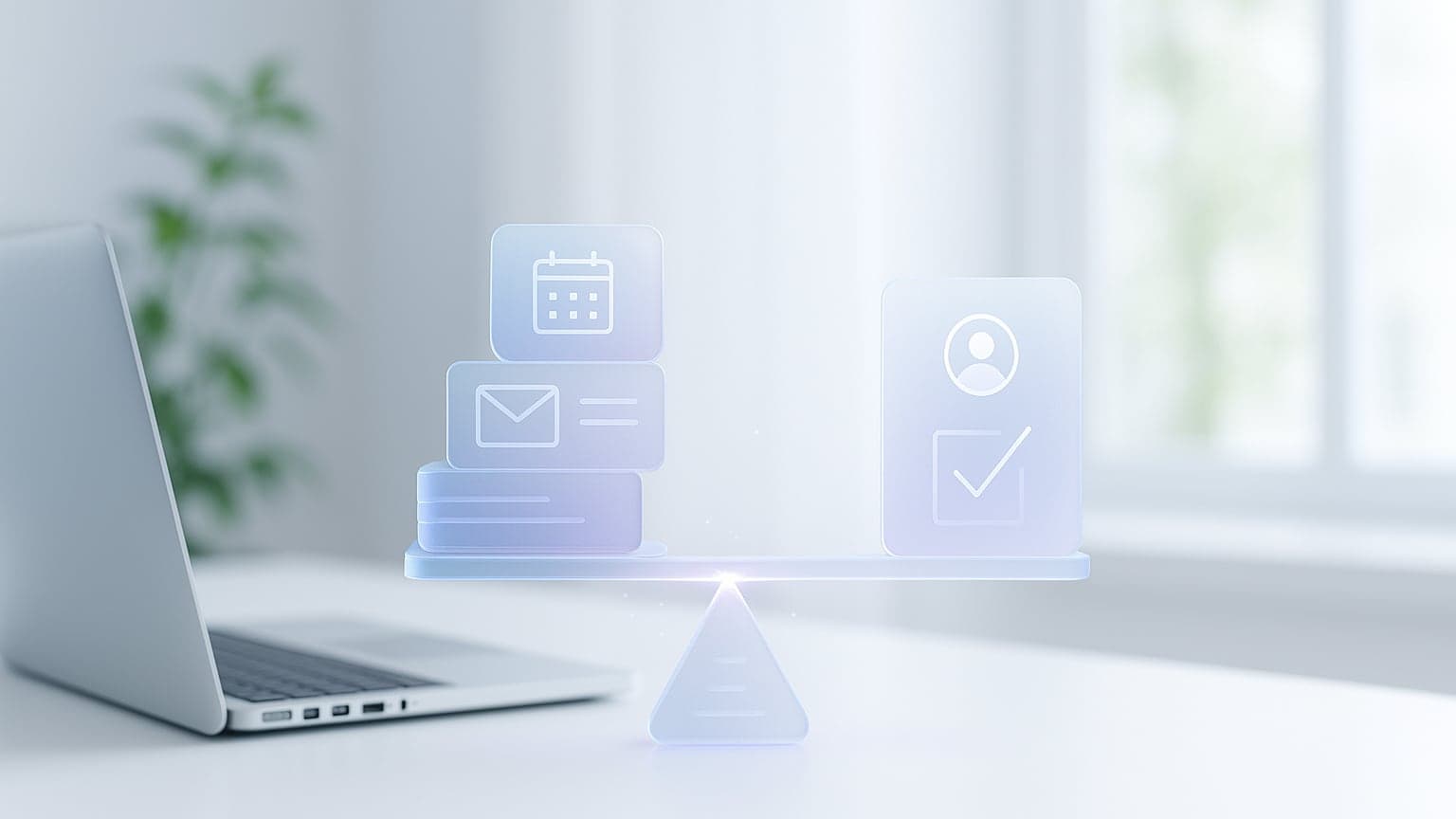 A glass balance weighing calendar and email cards against a single checked profile card, beside a laptop