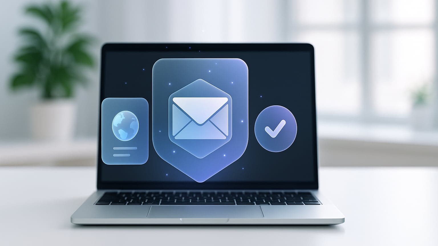 A glass envelope inside a shield on a laptop screen, next to a globe and a checkmark