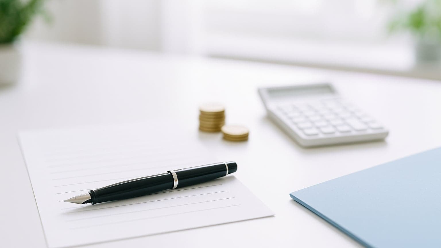 A pen resting on a sheet of paper next to a few coins, a calculator and a blue folder