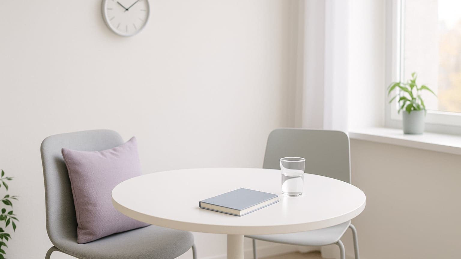 A bright interview room with a small table, a glass of water, a closed notebook and an empty chair