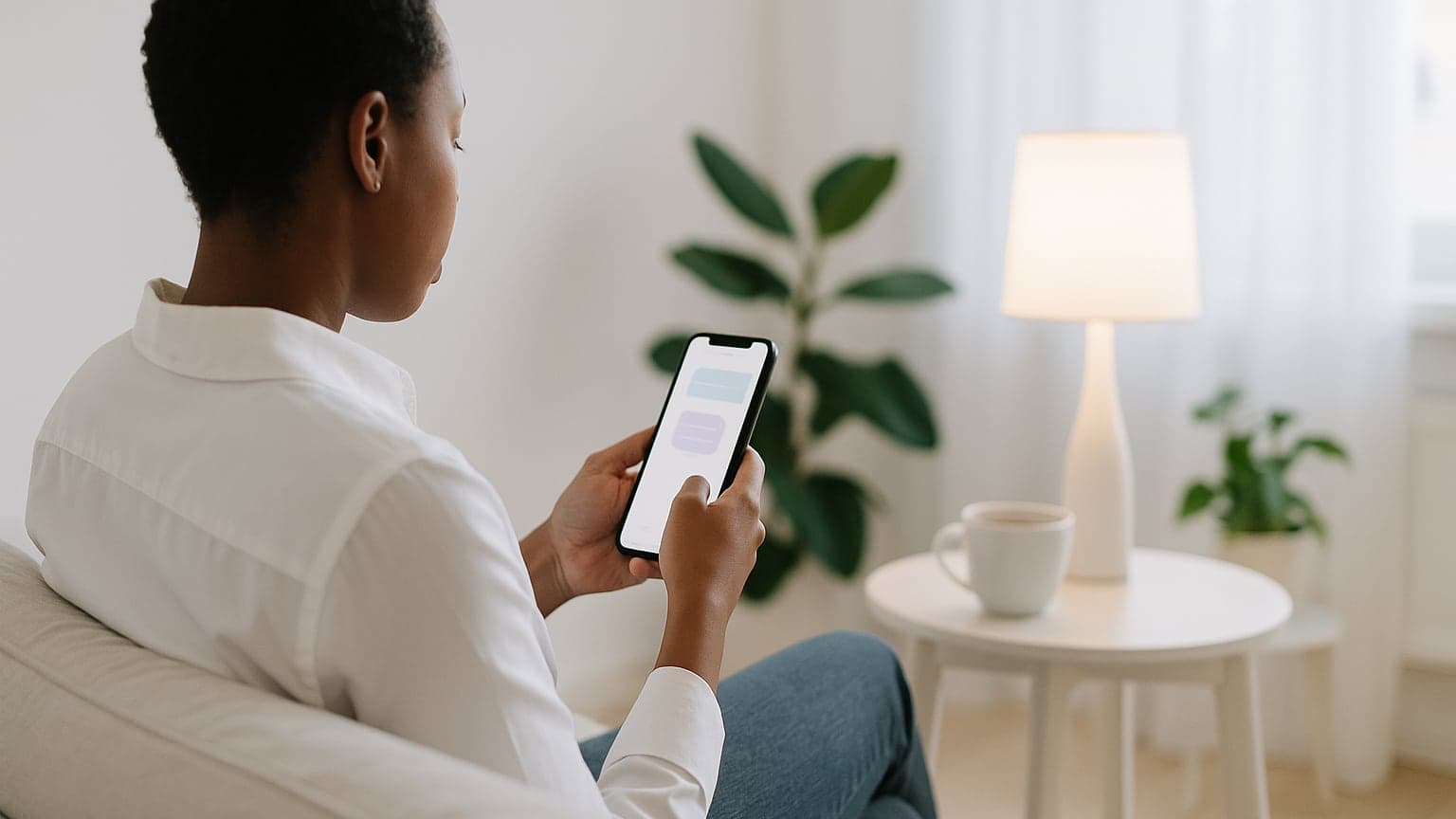 A person on a sofa at home answering a short chat on their phone, a cup of tea beside them