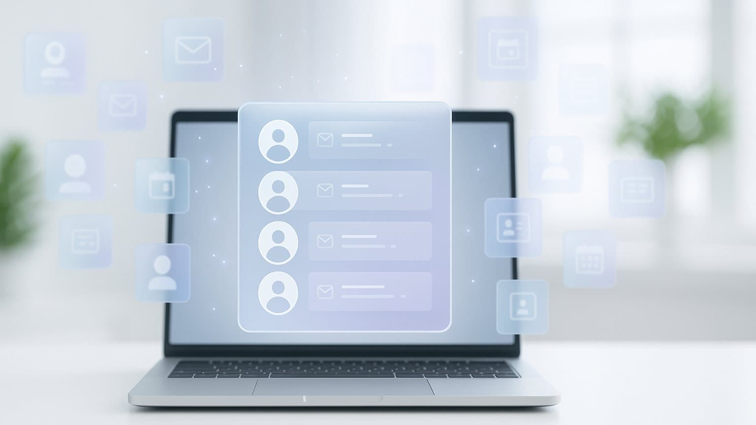 Floating profile cards gathering into a short list above a laptop
